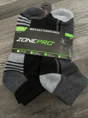 Zone Pro Men’s Half Cushion Ankle Socks - Black & Gray (4 Pack)